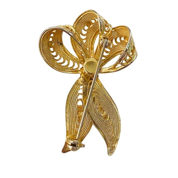 Vintage Goldtone and Faux Pearl Vintage Brooch Filigree Ribbon Shape 1.75" - Picture 8 of 14